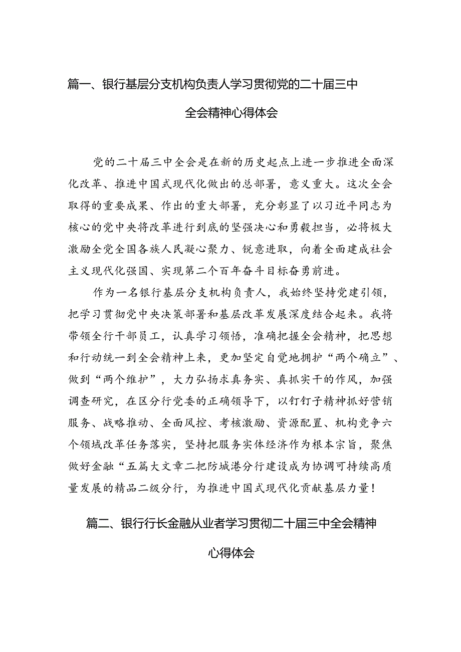 银行基层分支机构负责人学习贯彻党的二十三中全会精神心得体会（共7篇）.docx_第2页