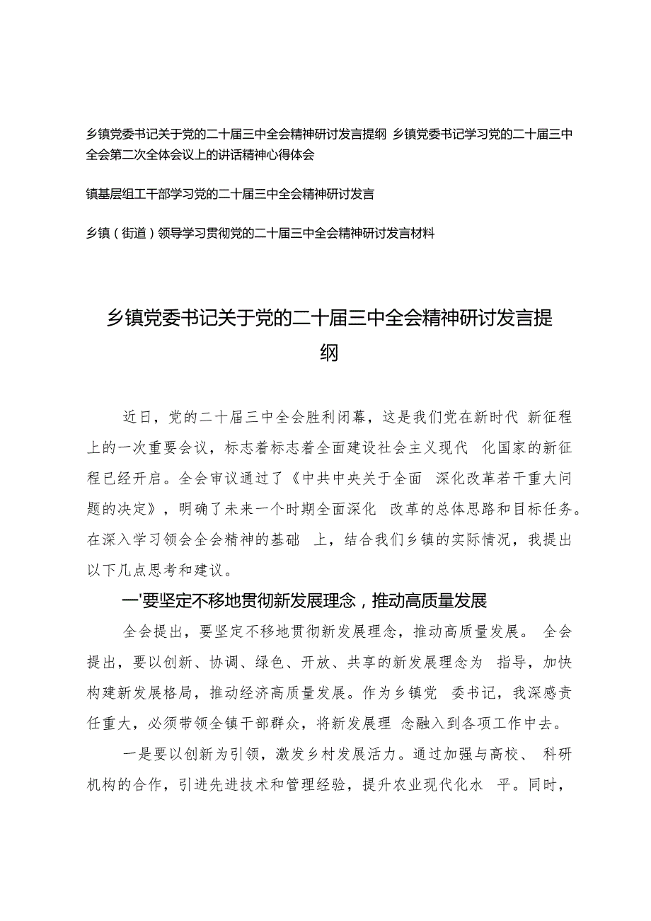 乡镇（街道）领导、基层组工干部、乡镇党委书记关于党的二十三中全会精神研讨发言提纲.docx