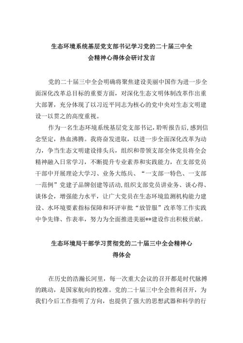 （9篇）生态环境系统基层党支部书记学习党的二十三中全会精神心得体会研讨发言范文.docx