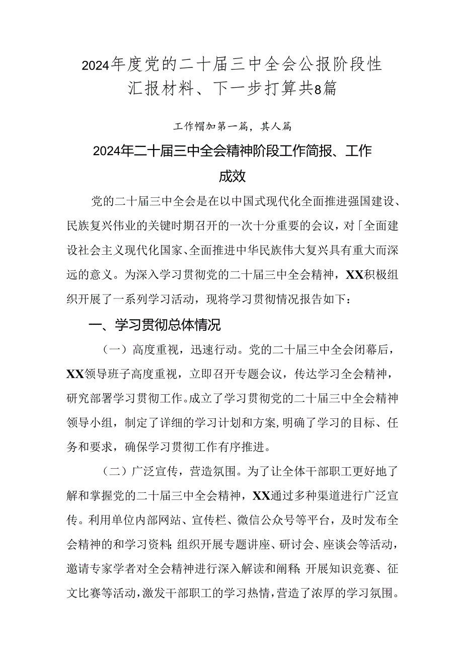 2024党的二十三中全会公报阶段性汇报材料、下一步打算共8篇.docx_第1页