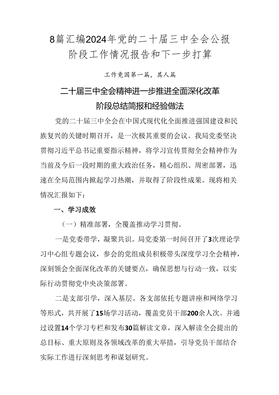 8篇汇编2024年党的二十三中全会公报阶段工作情况报告和下一步打算.docx_第1页