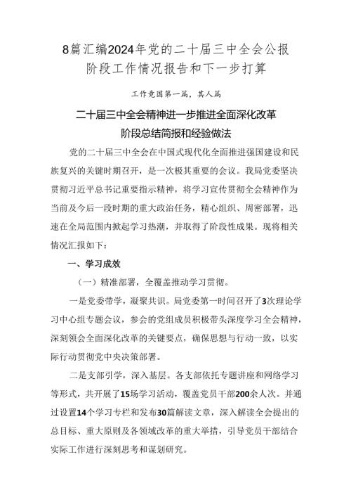 8篇汇编2024年党的二十三中全会公报阶段工作情况报告和下一步打算.docx