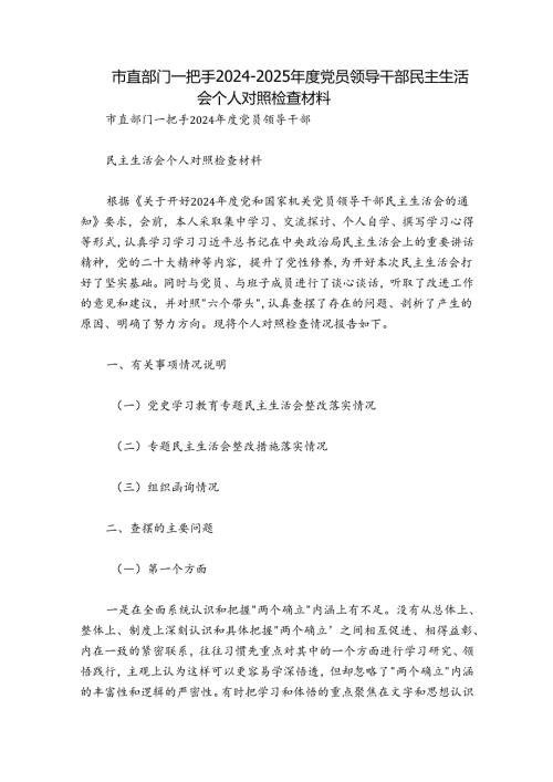 市直部门一把手20242025党员领导干部民主生活会个人对照检查材料.docx