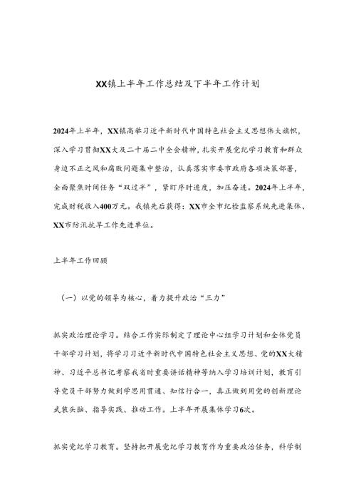 XX镇上半年工作总结及下半年工作计划.docx