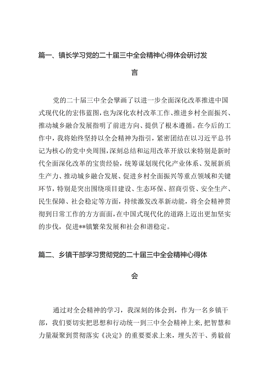 （11篇）镇长学习党的二十三中全会精神心得体会研讨发言（详细版）.docx_第2页