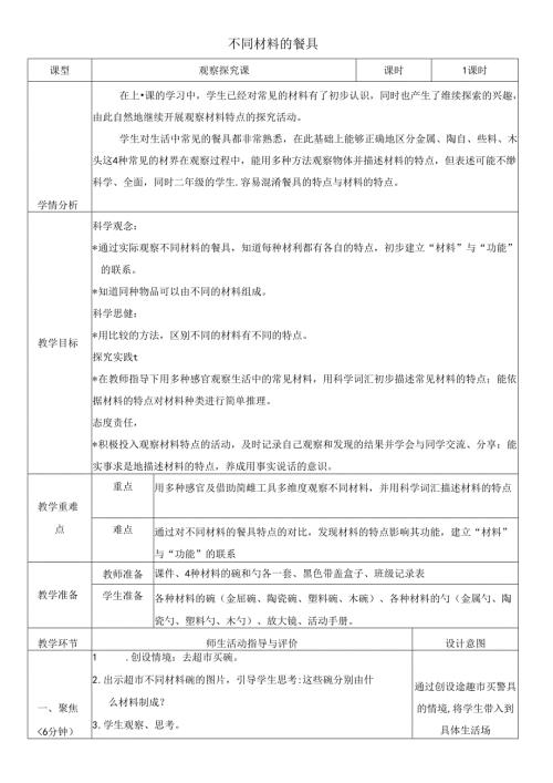 （2024）科教版科学二年级上册《不同材料的餐具》教案.docx