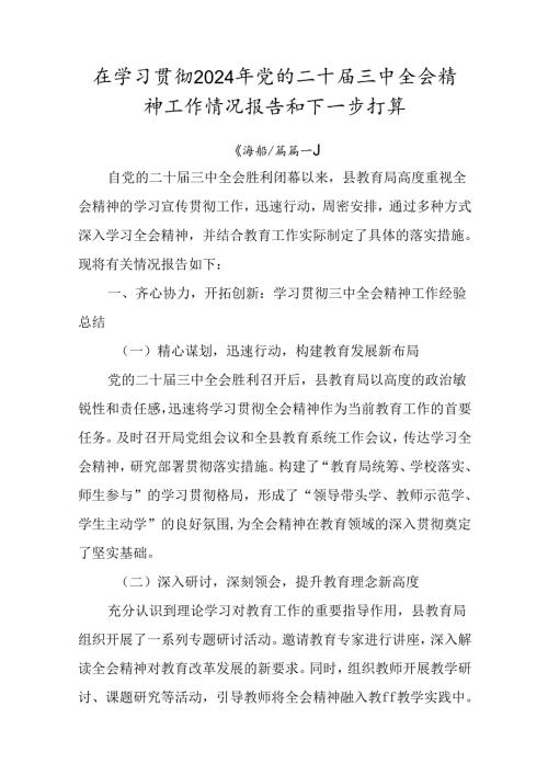 在学习贯彻2024年党的二十三中全会精神工作情况报告和下一步打算.docx