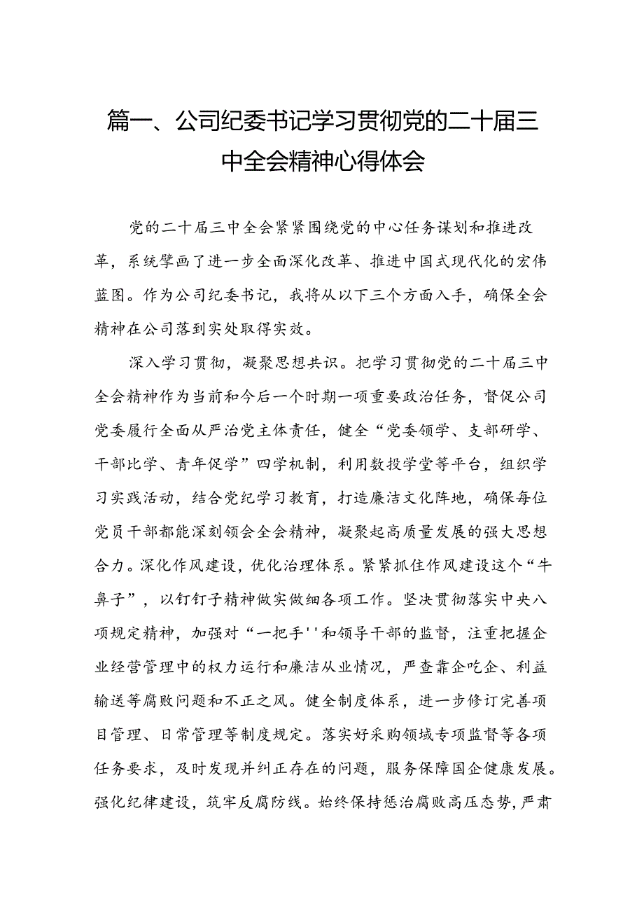 公司纪委书记学习贯彻党的二十三中全会精神心得体会 （汇编7份）.docx_第3页