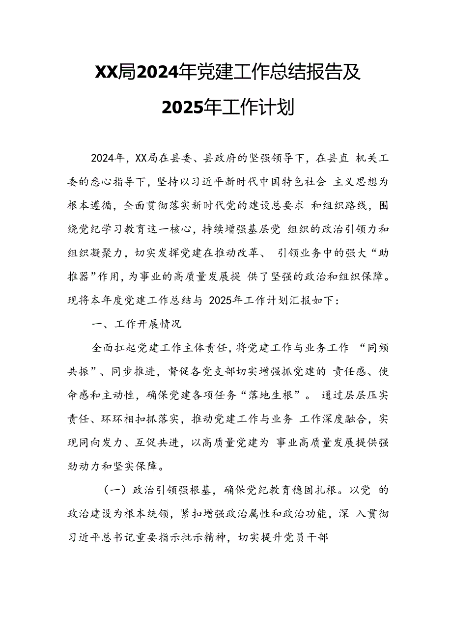 XX局2024年党建工作总结报告及2025年工作计划.docx_第1页
