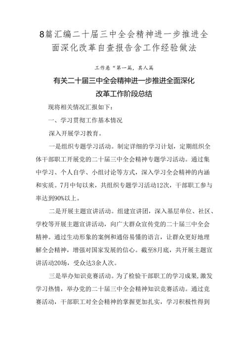 8篇汇编二十三中全会精神进一步推进全面深化改革自查报告含工作经验做法.docx