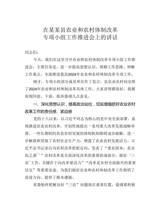在某某县农业和农村体制改革专项小组工作推进会上的讲话.docx