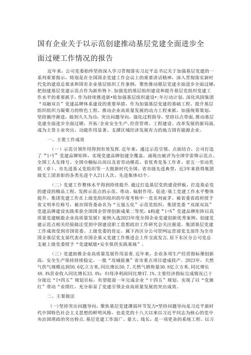 国有企业关于以示范创建推动基层党建全面进步全面过硬工作情况的报告.docx