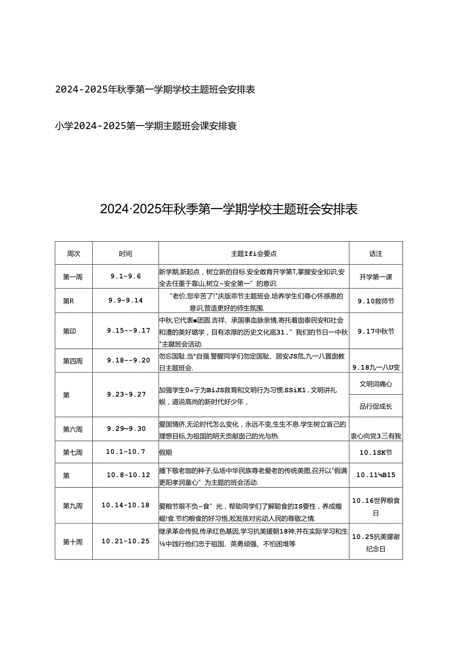 20242025年季第一学期学校主题班会安排表+小学2024—2025第一学期主题班会课安排表.docx_第1页