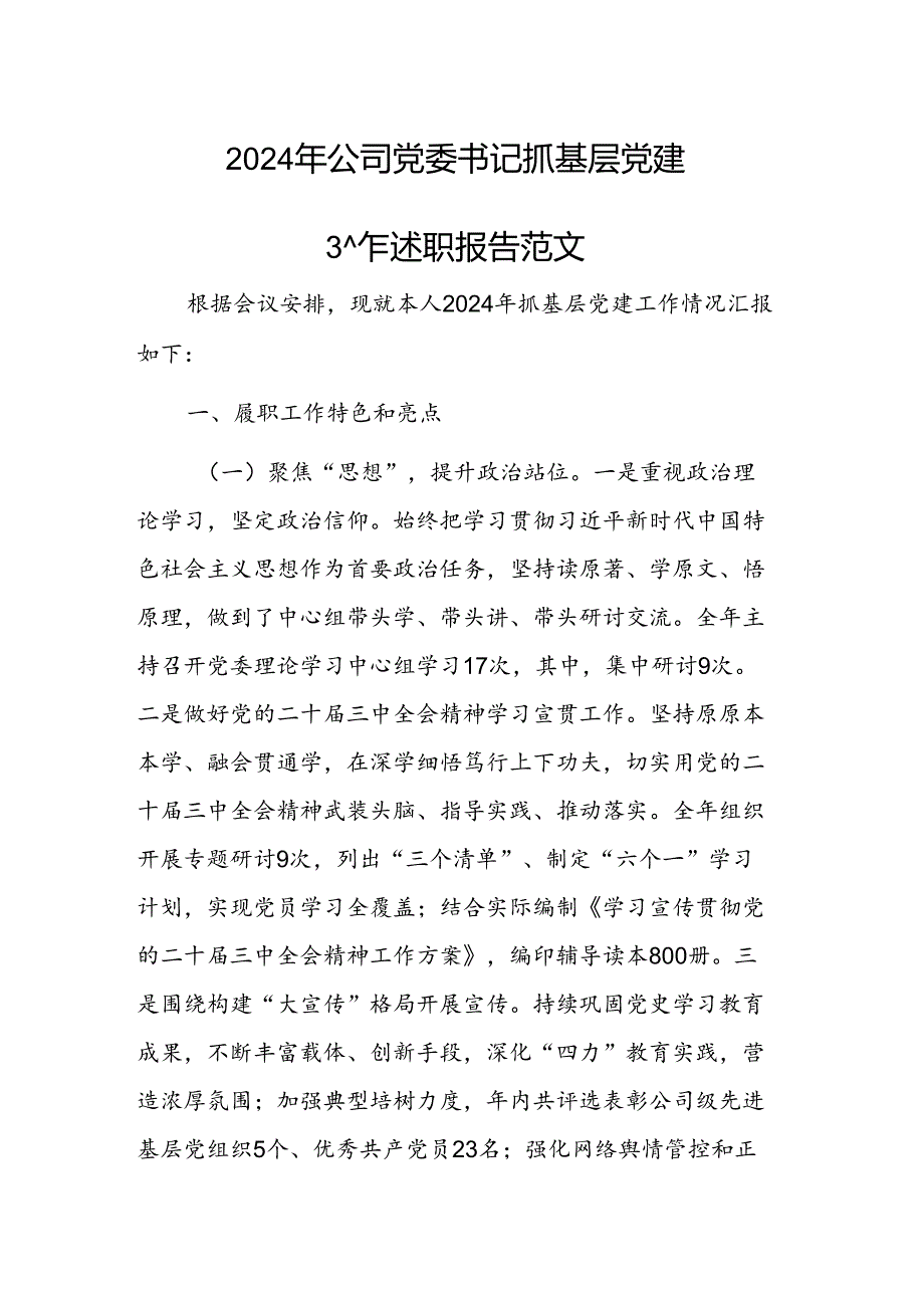 2024年公司党委书记抓基层党建工作述职报告范文.docx_第1页