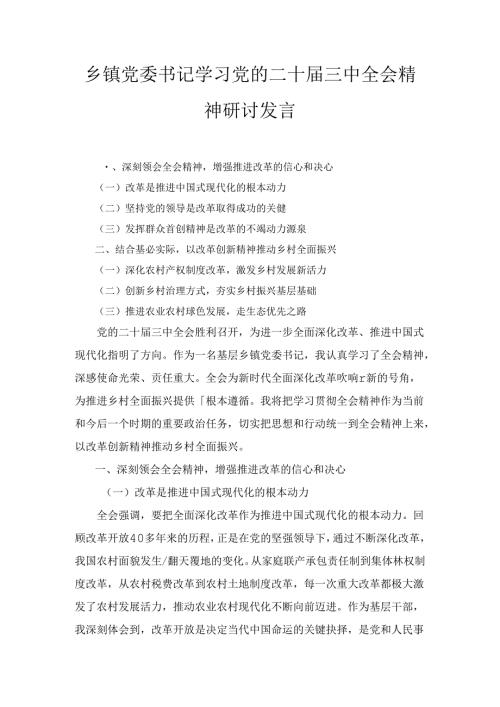 乡镇党委书记学习党的二十三中全会精神研讨发言两篇合集.docx