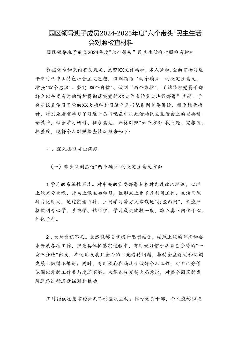 园区领导班子成员20242025“六个带头”民主生活会对照检查材料.docx_第1页