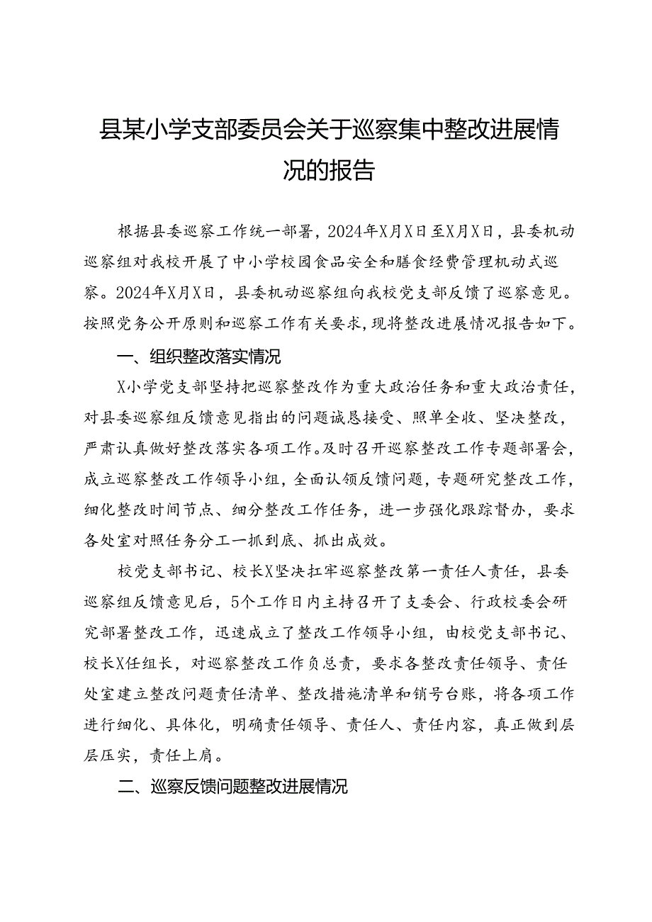 县某小学支部委员会关于巡察集中整改进展情况的报告.docx_第1页
