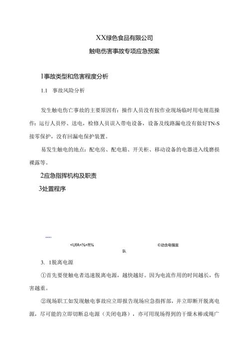 XX绿色食品有限公司触电伤害事故专项应急预案（2024年）.docx