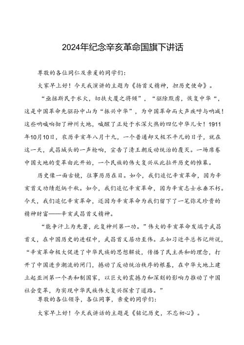 8篇2024年纪念辛亥革命发扬首义精神国旗下讲话.docx