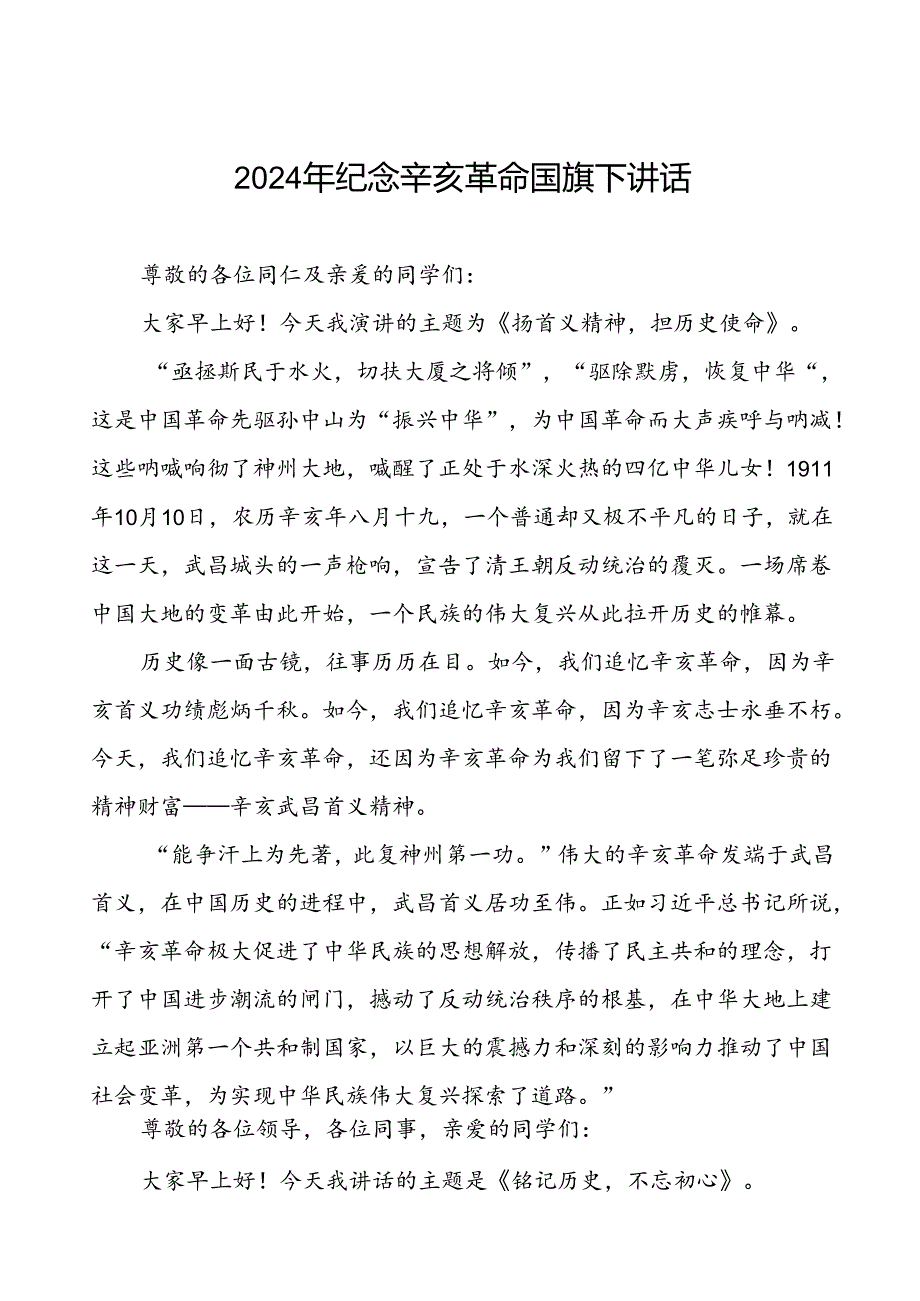 8篇2024年纪念辛亥革命发扬首义精神国旗下讲话.docx_第1页