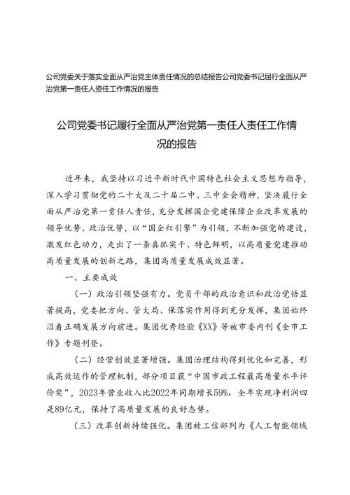 公司党委书记履行全面从严治党第一责任人责任工作情况的报告、从严治党主体责任情况的总结报告.docx