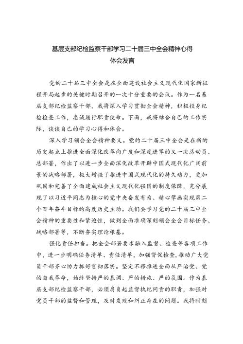 （9篇）基层支部纪检监察干部学习二十三中全会精神心得体会发言（详细版）.docx