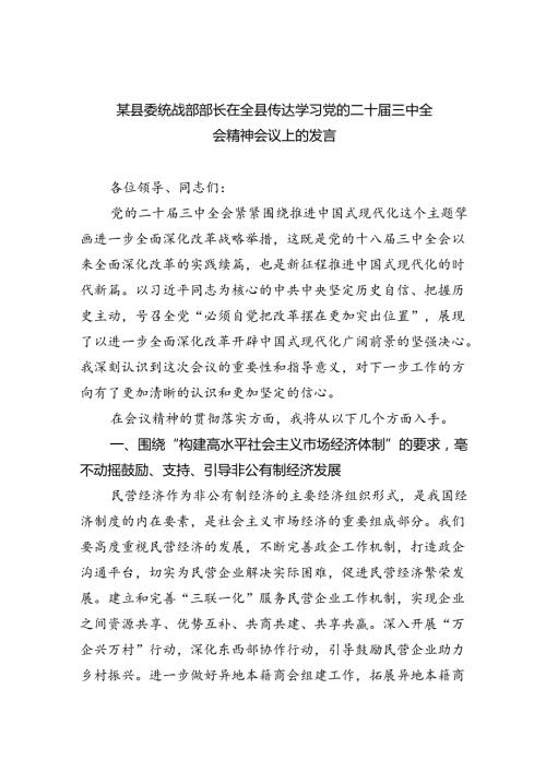 （9篇）某县委统战部部长在全县传达学习党的二十三中全会精神会议上的发言（精选）.docx