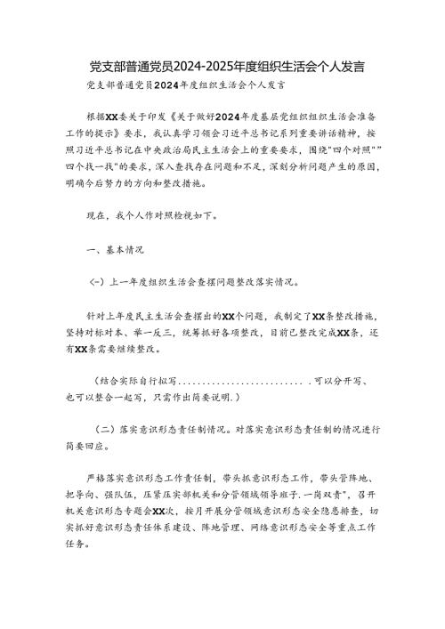党支部普通党员20242025组织生活会个人发言.docx