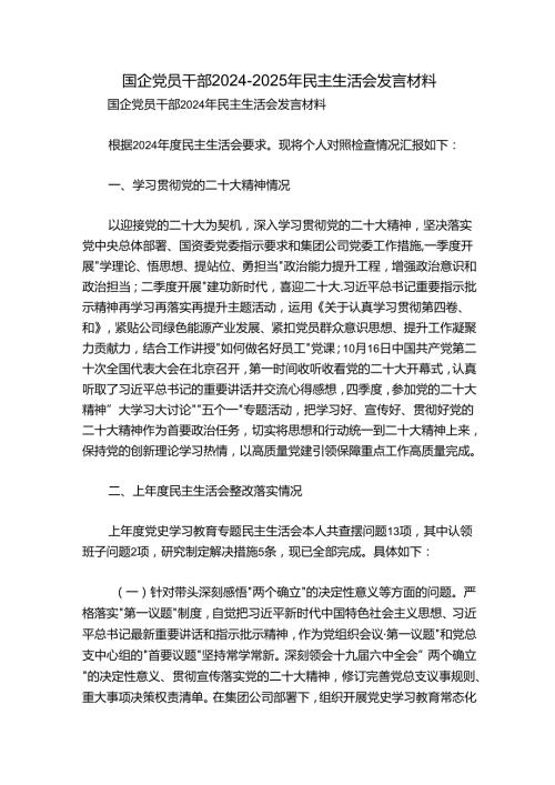 国企党员干部20242025年民主生活会发言材料.docx