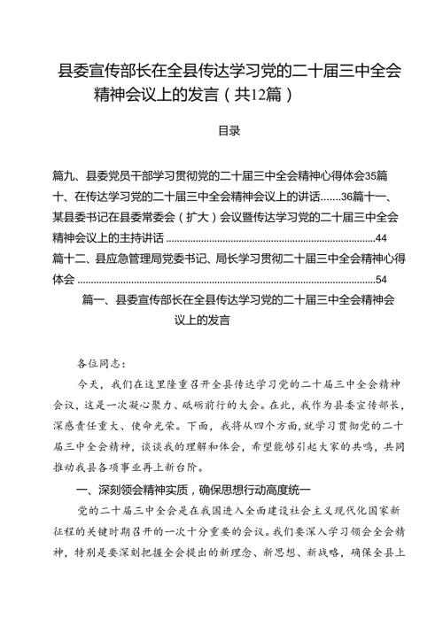 县委宣传部长在全县传达学习党的二十三中全会精神会议上的发言12篇（详细版）.docx