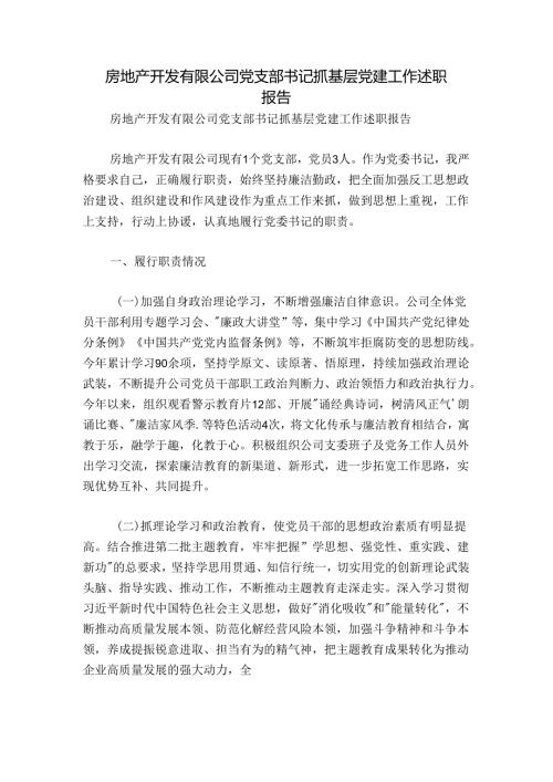 房地产开发有限公司党支部书记抓基层党建工作述职报告.docx
