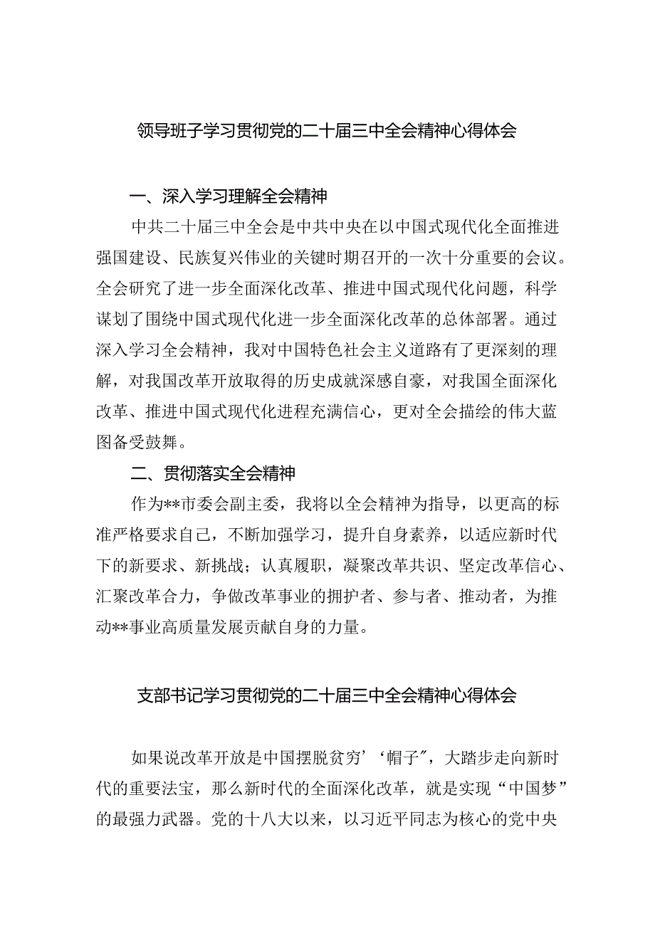 （9篇）领导班子学习贯彻党的二十三中全会精神心得体会（精选）.docx_第1页
