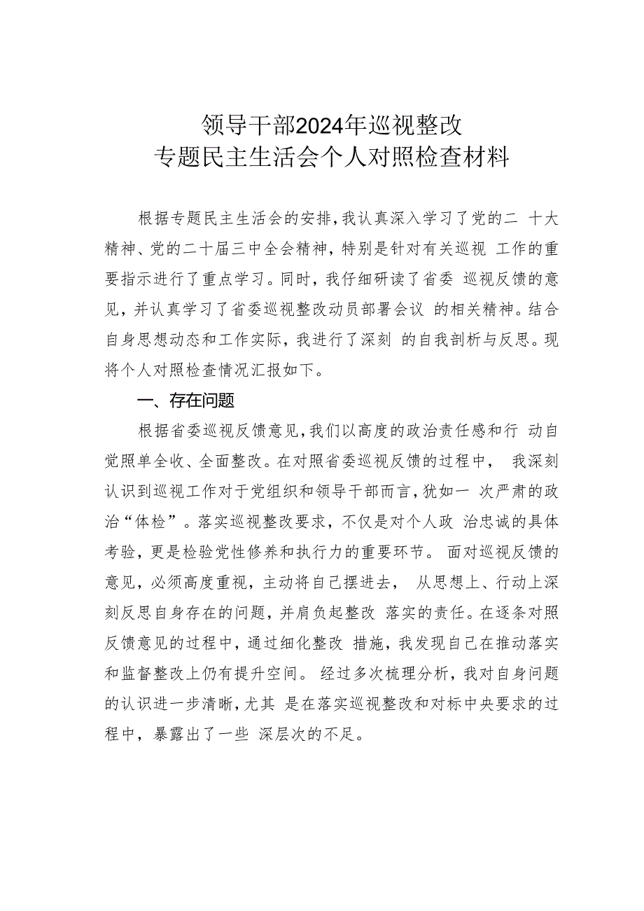 领导干部2024年巡视整改专题民主生活会个人对照检查材料.docx_第1页