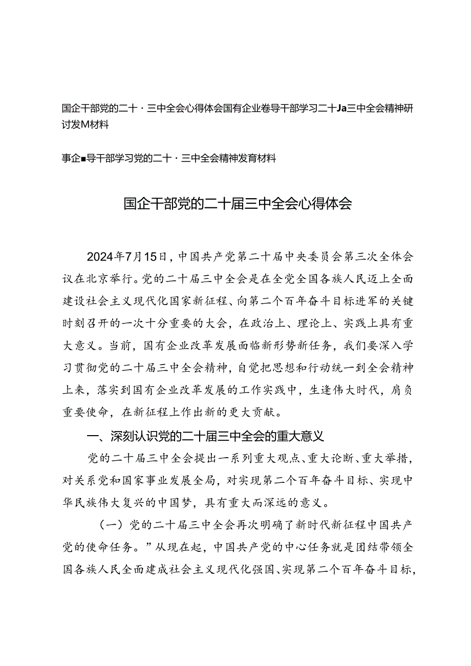 3篇 国企干部党的二十三中全会心得体会研讨发言材料.docx_第1页
