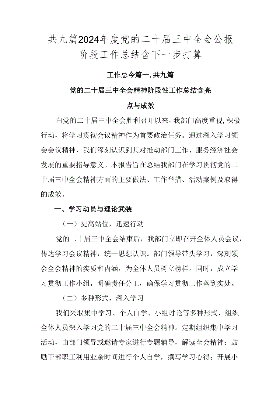 共九篇2024党的二十三中全会公报阶段工作总结含下一步打算.docx_第1页