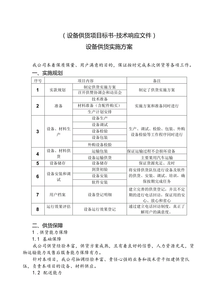 设备供货项目标书技术响应文件设备供货实施方案.docx_第1页