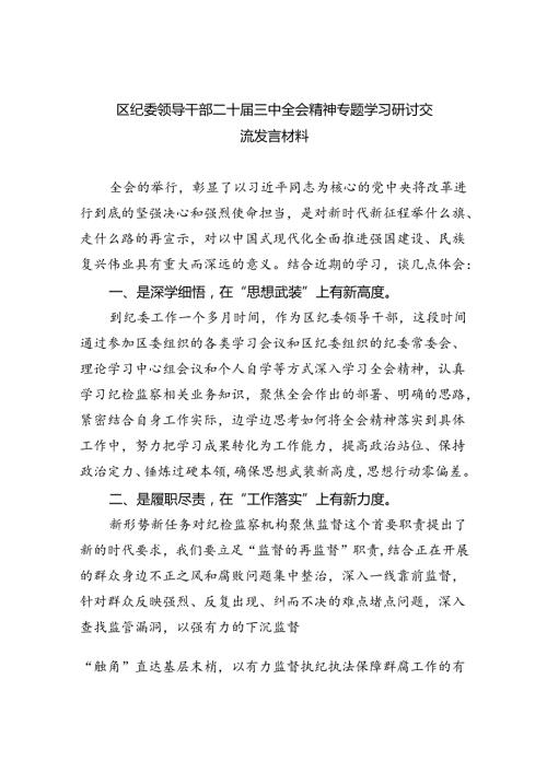 （9篇）区纪委领导干部二十三中全会精神专题学习研讨交流发言材料（详细版）.docx