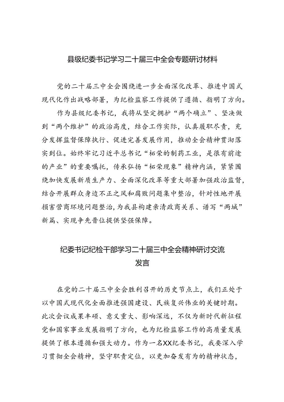 （9篇）县级纪委书记学习二十三中全会专题研讨材料范文.docx_第1页