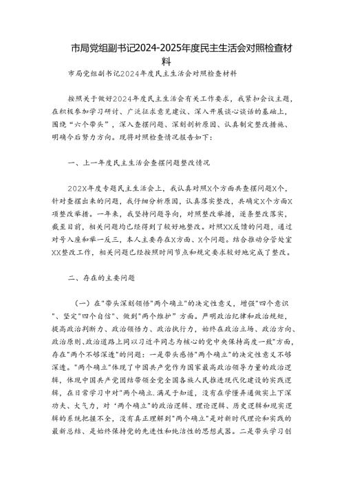 市局党组副书记20242025民主生活会对照检查材料.docx