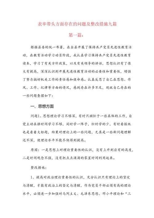 表率带头方面存在的问题及整改措施九篇.docx