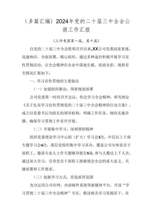 （多篇汇编）2024年党的二十三中全会公报工作汇报.docx