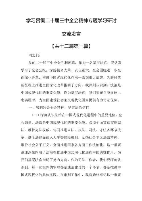 （12篇）学习贯彻二十三中全会精神专题学习研讨交流发言.docx