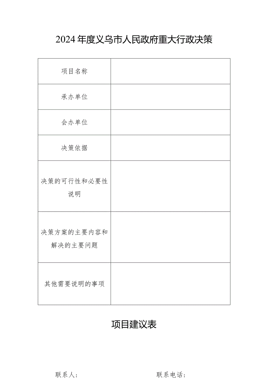 2024义乌市人民政府重大行政决策项目建议表.docx_第1页
