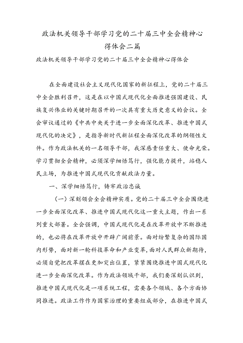 政法机关领导干部学习党的二十三中全会精神心得体会二篇.docx_第1页
