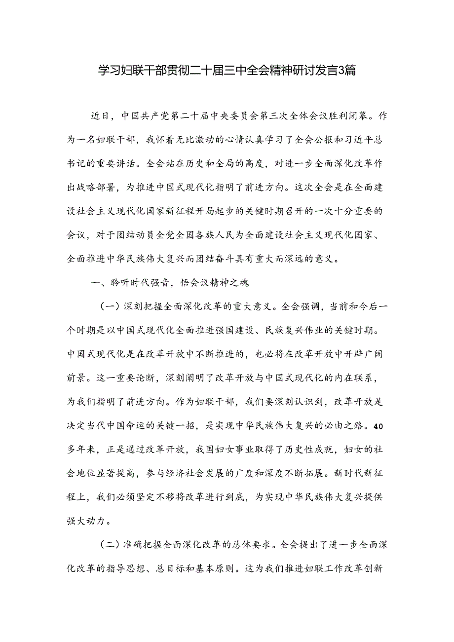 学习妇联干部贯彻二十三中全会精神研讨发言3篇.docx_第1页