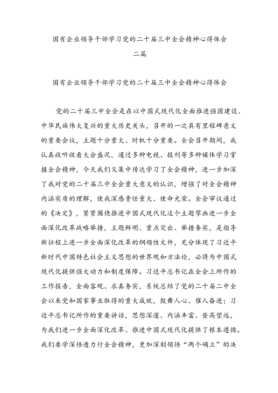 国有企业领导干部学习党的二十三中全会精神心得体会二篇.docx_第1页