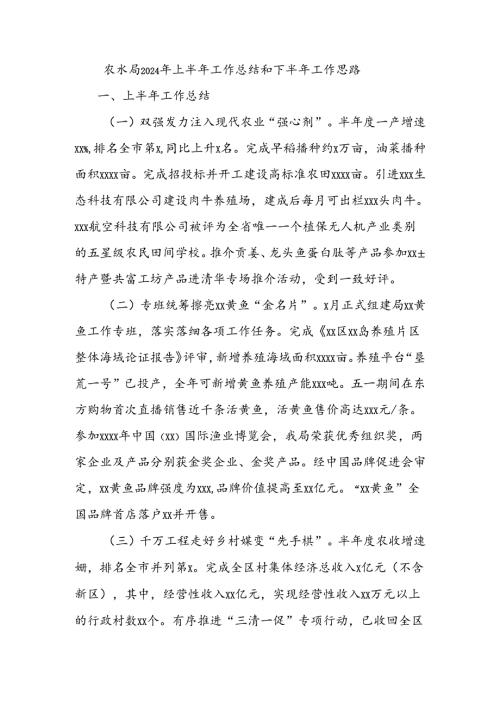 农水局2024年上半年工作总结和下半年工作思路.docx