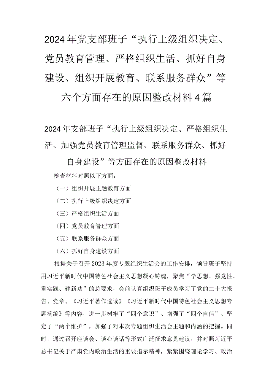 2024年党支部班子“执行上级组织决定、党员教育管理、严格组织生活、抓好自身建设、组织开展教育、联系服务群众”等六个方面存在的原因整改材料4篇.docx_第1页
