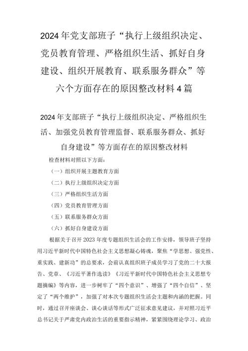 2024年党支部班子“执行上级组织决定、党员教育管理、严格组织生活、抓好自身建设、组织开展教育、联系服务群众”等六个方面存在的原因整改材料4篇.docx