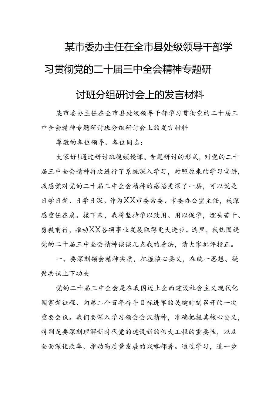 某市委办主任在全市县处级领导干部学习贯彻党的二十三中全会精神专题研讨班分组研讨会上的发言材料 (2).docx_第1页
